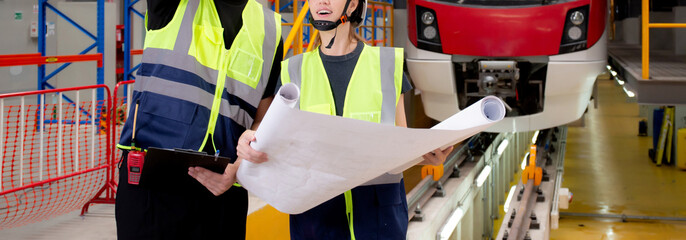 Young caucasian engineer man and woman or worker looking blueprint and checking electric train for planning maintenance in station, transport and infrastructure, inspector check service transport.