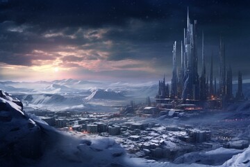 Cityscape of winter landscape with a futuristic, otherworldly atmosphere. Generative AI