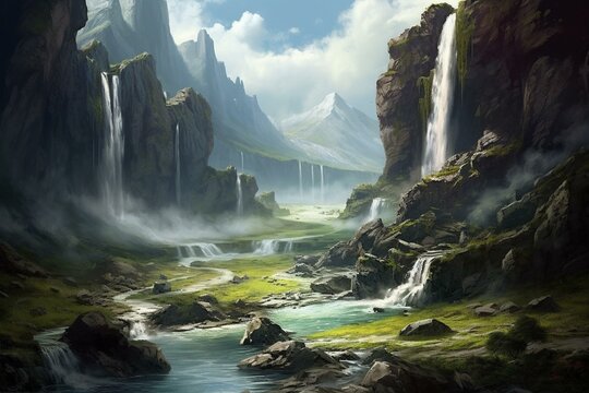 tranquil landscape featuring a flowing waterfall over rocky terrain. Generative AI
