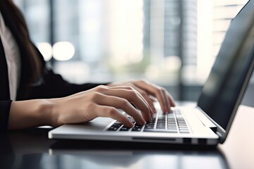 Captured in a close-up portrait, a person is seen typing on a laptop computer. They are working online at a white office table, engaged in tasks such as Facebook chat, website meetings, blogging - obrazy, fototapety, plakaty