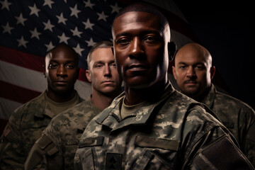 Portrait of soldiers standing in front of american flag on black background