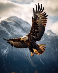 A large bird flying in the sky with mountains in the background. Generative AI.