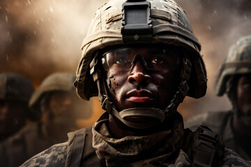 Portrait of young african american soldier in helmet and goggles