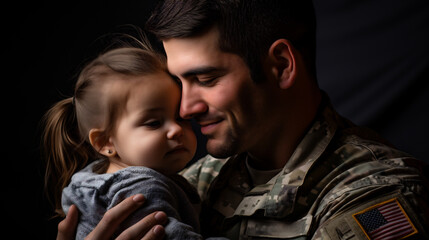 Portrait of young soldier with his little daughter