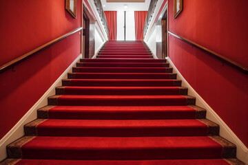 Interior scene of hotel stairs covered with red carpet generative ai