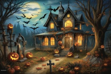 Fototapeta na wymiar Festive Halloween scene: treats, critters, cottage, bats, moonlit sky, skull border. Generative AI