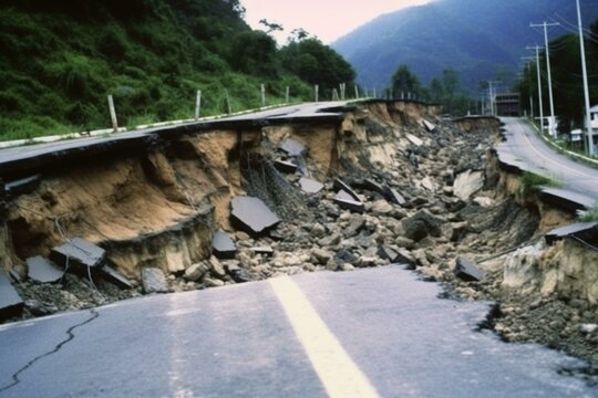 Destructed road due to landslides and mudflows. Catastrophe and ecological crisis. Generative AI