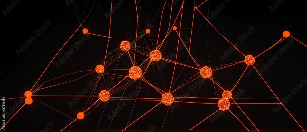 Poster orange glowing straight lines and nodes representing neural networks connections in plain black back