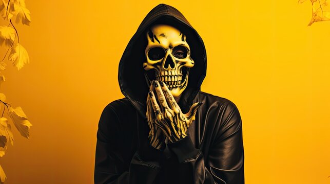  Scared horrible female in special outfit, wears white clay skull, professional makeup to look spooky, wears black clothes points away on blank space against yellow background..