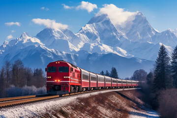 train against the backdrop of a mountain landscape ai generative