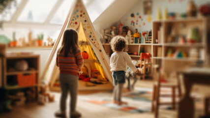 little girls playing in the children room ai generative