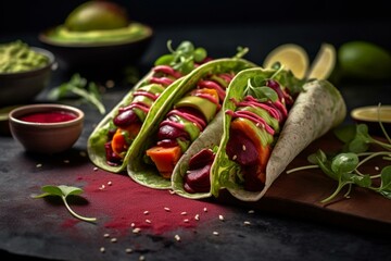Plant-based taco wraps with beetroot, pea protein, guacamole, sweet chili sauce, and lime wedges. Generative AI - obrazy, fototapety, plakaty
