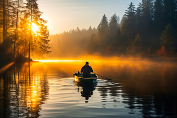 man on boat  swims in a calm lake at dawn sunlight ai generative