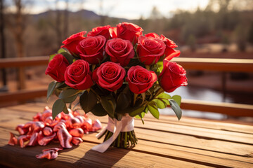 Naklejka na ściany i meble lush bouquet of red roses on the table romantic mood ai generative