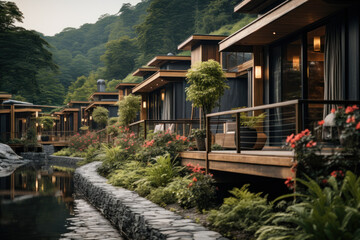 holiday cottages on the banks of a river in the tropics ai generative