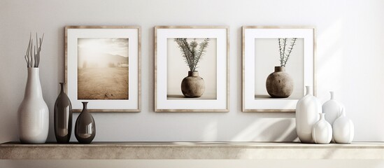 Modern living room interior design with mock up poster frame, vase, plant and wooden shelf.