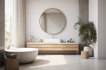 Minimalist bathroom interior. Bathtub, round mirror, and floating wooden bathroom cabinet with a sink. Natural materials, beige tones