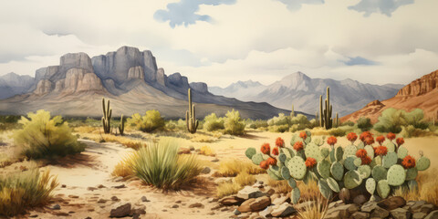 West Texas Big Bend Cactus Watercolor Painting - Desert Landscape Artwork with Beautiful Cacti, Mountains, and a Watercolor Technique - obrazy, fototapety, plakaty