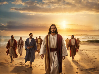 Jesus walking with his disciples at the beach - obrazy, fototapety, plakaty