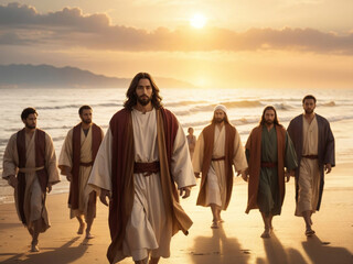 Jesus walking with his disciples at the beach