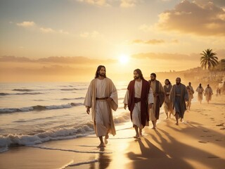 Jesus walking with his disciples at the beach - obrazy, fototapety, plakaty