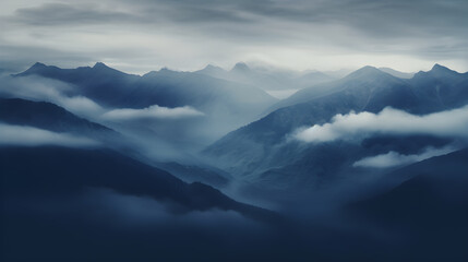 Fototapeta na wymiar Mountain range with clouds and fog covering the peaks