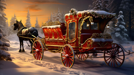 Fototapeta na wymiar Santa Claus Sleigh, winter sleigh gifts, present gift box, winter evening, Christmas town decorated