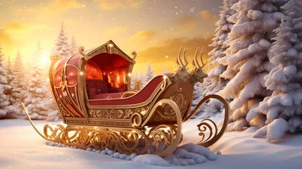 Fotobehang Santa Claus Sleigh, winter sleigh gifts, present gift box, winter evening, Christmas town decorated © elina