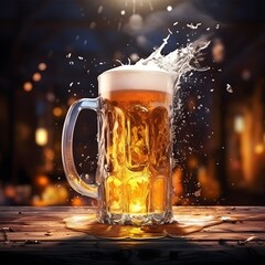 beer mug with splashing liquid in dark light