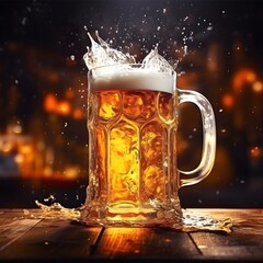 beer mug with splashing liquid in dark light