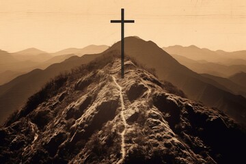 Outline of a cross on a mountain. Generative AI