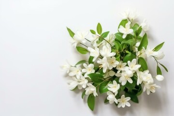 Isolated bouquet of jasmine flowers with leaves on a white background. Flat lay, top view with copy space. Generative AI