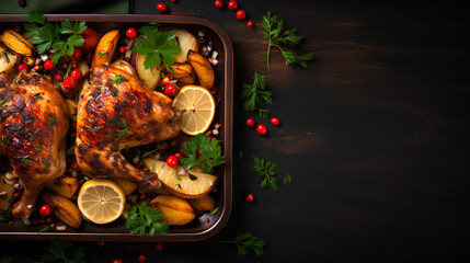 Baked quail with vegetables. Flat lay. Top view. Free copy space