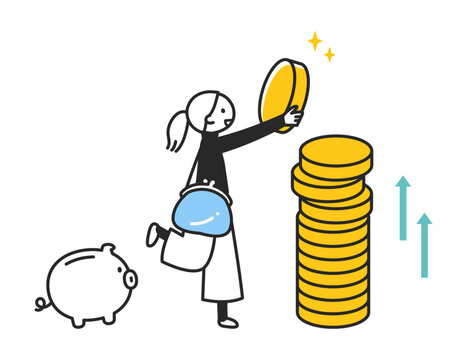 woman adding gold coin to savings clip art preview