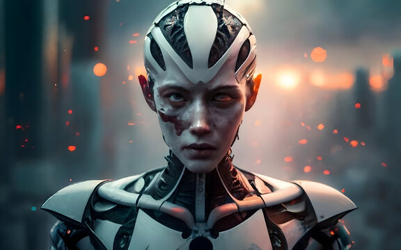 Cyborg woman leaving the battlefield