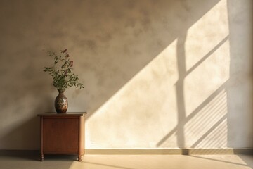 Vase with plant on the wall, sunlight filtering through window, shadowed interior, empty space. Generative AI