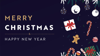 プレゼントやジンジャーブレッドマン、オーナメントで飾られたクリスマス背景テンプレート（青）　Christmas background template decorated with presents, gingerbread men and ornaments (blue)