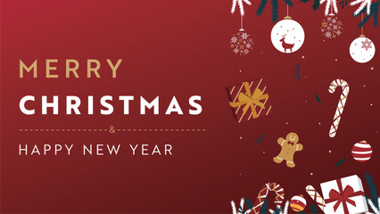 プレゼントやジンジャーブレッドマン、オーナメントで飾られたクリスマス背景テンプレート（赤）　Christmas background template decorated with presents, gingerbread men and ornaments (red)