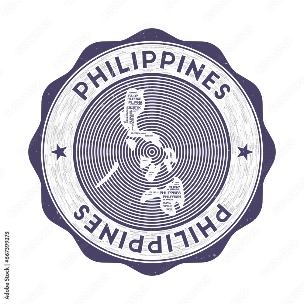 Poster philippines seal. country round logo with shape of philippines and country name in multiple language