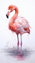 Adorable pastel illustration: Pink Flamingo portrait for kids room, clean design on white backdrop.