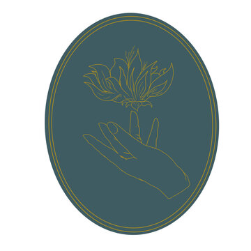 line art of gold striped hands and flowers in an oval circle, no background