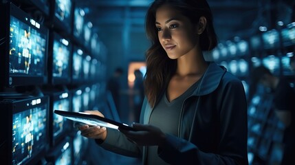 IT young woman working in a server room with a tablet PC, Controls the operation of all servers.