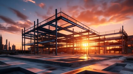 Metal structure, Construction site of large building with evening sky sunset background.