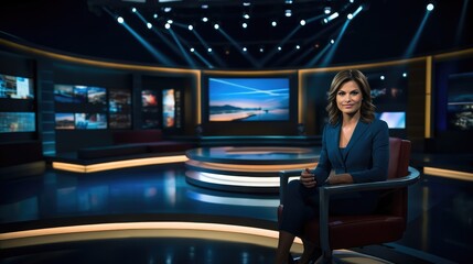 Newsreader in television studio, Female news reader anchor in broadcast tv studio. - obrazy, fototapety, plakaty