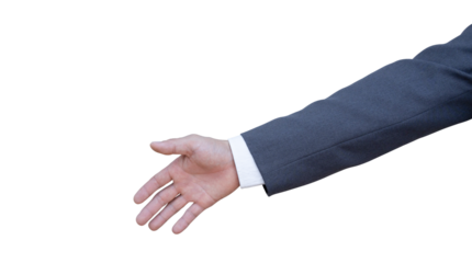 Hand of businessman in suit gestures isolated on transparent background. PNG File