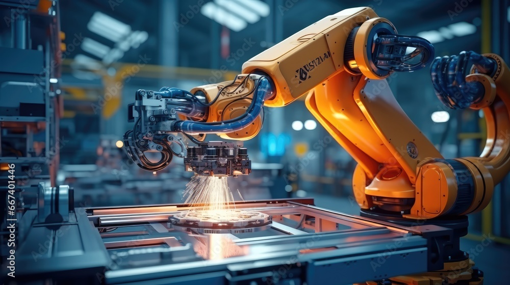Aufkleber Welding robots, Industrial robot works automatically in smart autonomous factory.