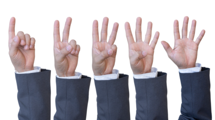 Hand of businessman in suit counts from Zero to Five isolated on transparent background. PNG File