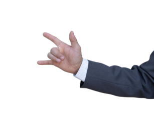 Hand of businessman in suit gestures isolated on transparent background. PNG File