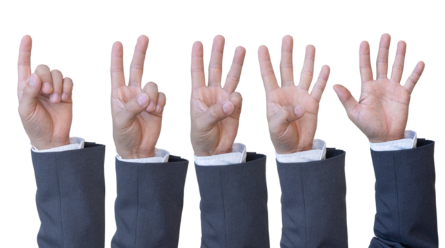 Hand of businessman in suit counts from Zero to Five isolated on transparent background. PNG File