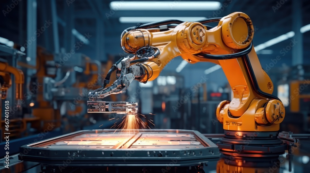 Aufkleber Welding robots, Industrial robot works automatically in smart autonomous factory.